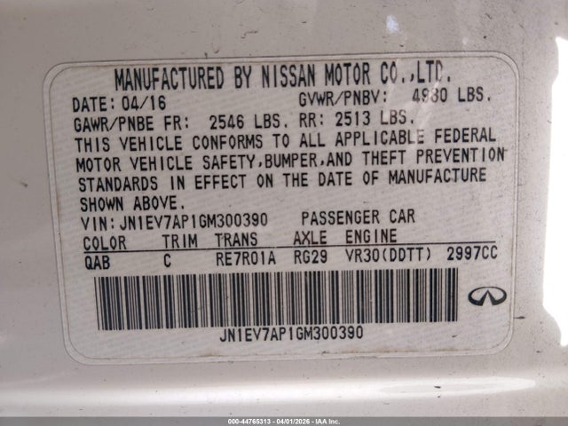 2016 Infiniti Q50 3.0t Premium მანქანა იყიდება აუქციონზე, vin: JN1EV7AP1GM300390, აუქციონის ნომერი: 44765313