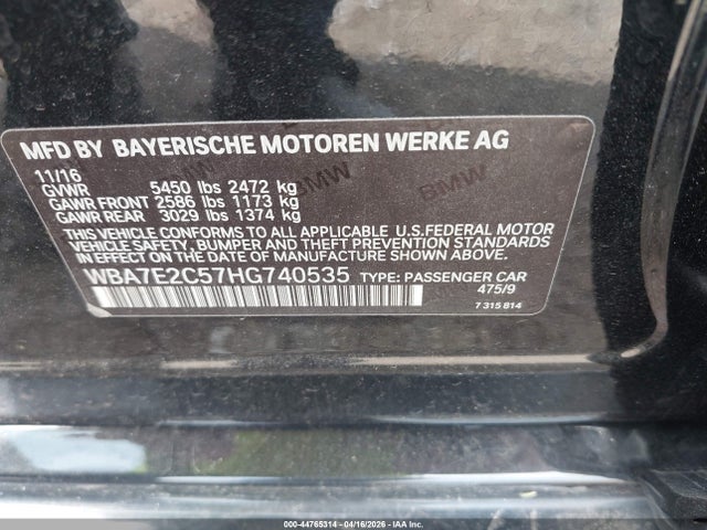 Продаж на аукціоні авто 2017 Bmw 740i, vin: WBA7E2C57HG740535, номер лоту: 44765314