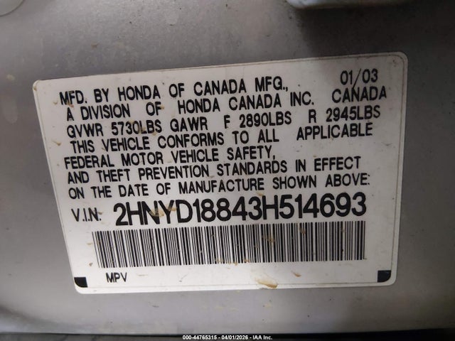 44765315 :رقم المزاد ، 2HNYD18843H514693 vin ، 2003 Acura Mdx مزاد بيع