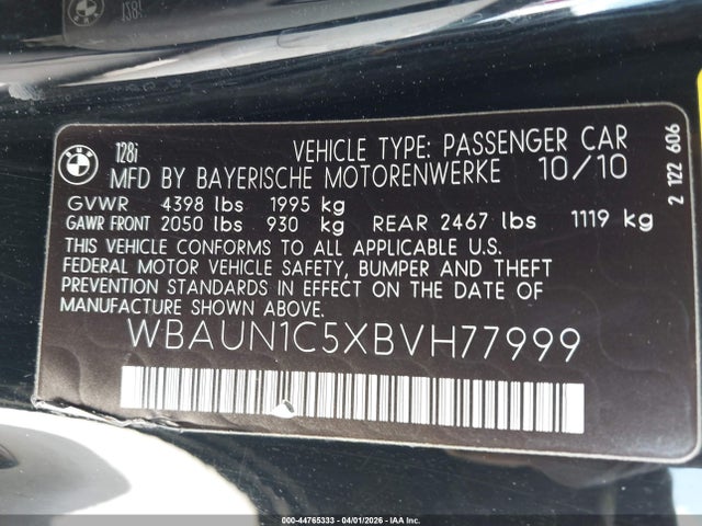 44765333 :رقم المزاد ، WBAUN1C5XBVH77999 vin ، 2011 Bmw 128i مزاد بيع