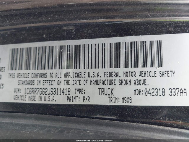 44765346 :رقم المزاد ، 1C6RR7GG2JS311418 vin ، 2018 Ram 1500 مزاد بيع