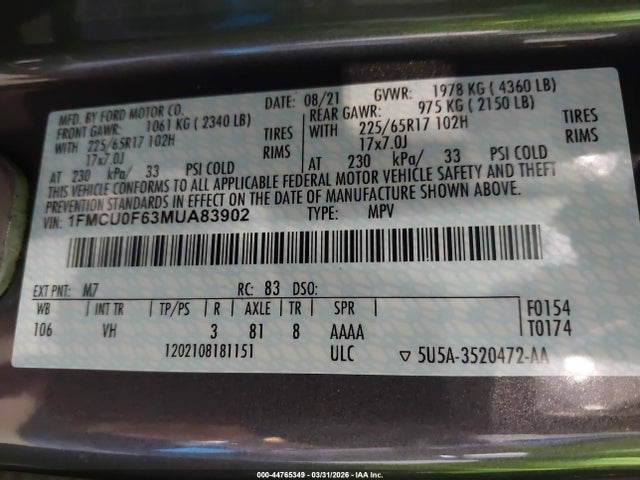2021 FORD ESCAPE 1FMCU0F63MUA83902 Photo 8