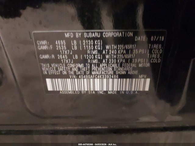 Продаж на аукціоні авто 2019 Subaru Outback 2.5i Premium, vin: 4S4BSAFC4K3392486, номер лоту: 44765366