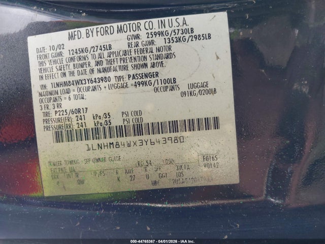 Aukcja sprzedaży 2003 Lincoln Town Car Executive L, vin: 1LNHM84WX3Y643980, numer aukcji: 44765367