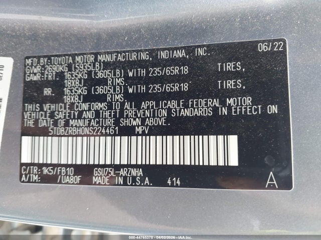 5TDBZRBH0NS224461 Toyota Highlander Le