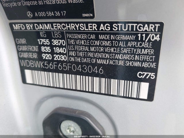 Auction sale of the 2005 Mercedes-benz Slk 350, vin: WDBWK56F65F043046, lot number: 44765371