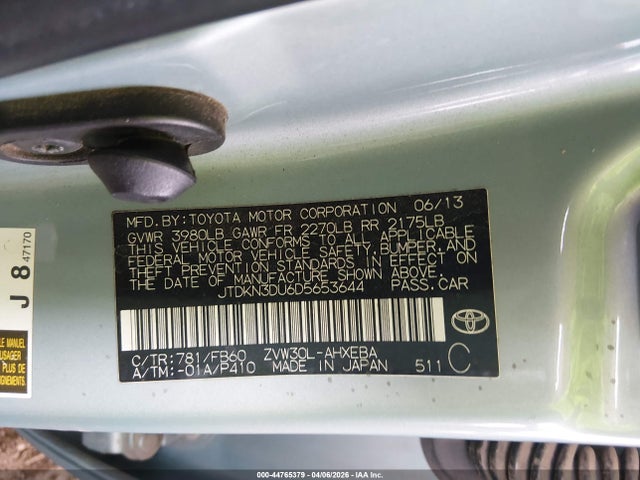 Aukcja sprzedaży 2013 Toyota Prius Three, vin: JTDKN3DU6D5653644, numer aukcji: 44765379