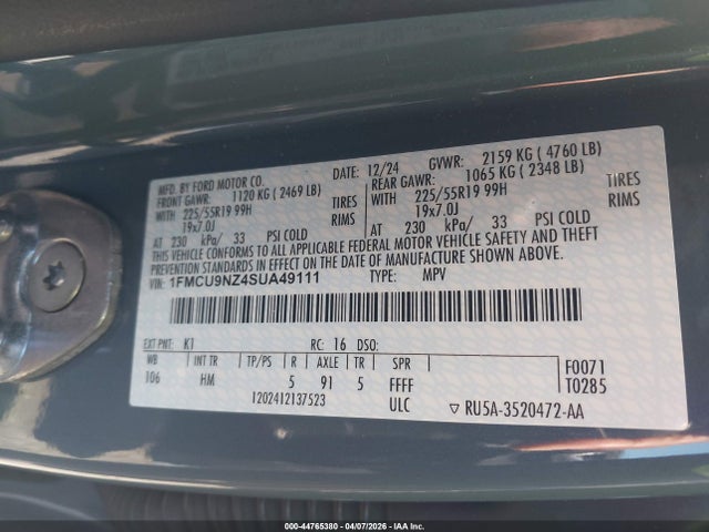2025 Ford Escape St-line Select მანქანა იყიდება აუქციონზე, vin: 1FMCU9NZ4SUA49111, აუქციონის ნომერი: 44765380