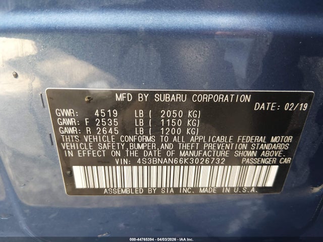 2019 Subaru Legacy 2.5i Limited მანქანა იყიდება აუქციონზე, vin: 4S3BNAN66K3026732, აუქციონის ნომერი: 44765394