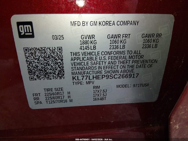 44765401 :رقم المزاد ، KL77LHEP9SC266917 vin ، 2025 Chevrolet Trax Fwd Lt مزاد بيع