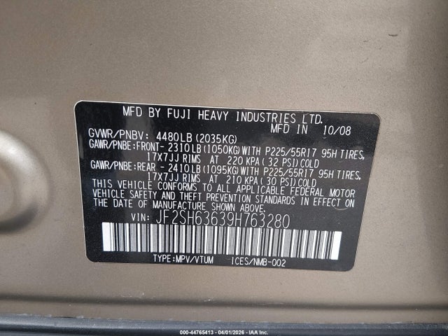 Aukcja sprzedaży 2009 Subaru Forester 2.5x, vin: JF2SH63639H763280, numer aukcji: 44765413