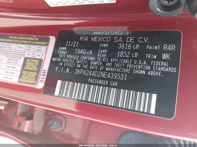Aukcja sprzedaży 2022 Kia Rio S, vin: 3KPA24AD2NE439531, numer aukcji: 44765419