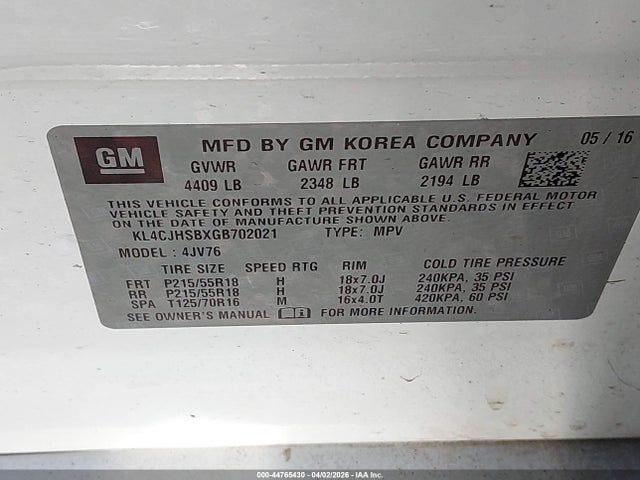 44765430 :رقم المزاد ، KL4CJHSBXGB702021 vin ، 2016 Buick Encore Premium مزاد بيع