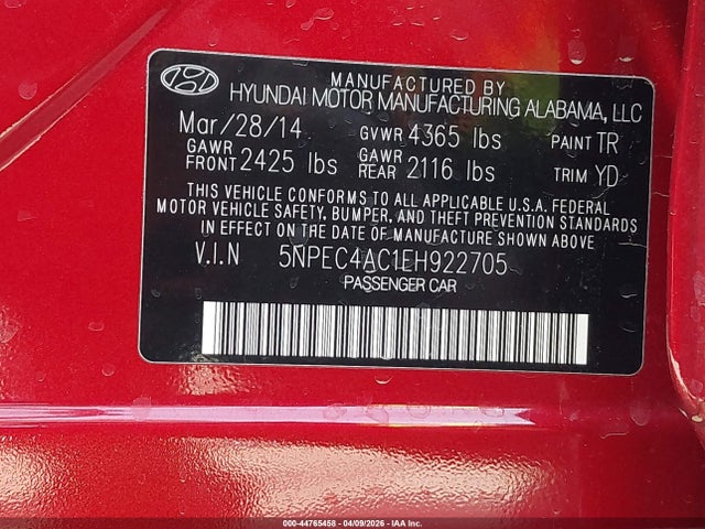 5NPEC4AC1EH922705 Hyundai Sonata Limited