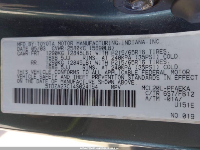 Aukcja sprzedaży 2004 Toyota Sienna Le, vin: 5TDZA23C14S024154, numer aukcji: 44765460