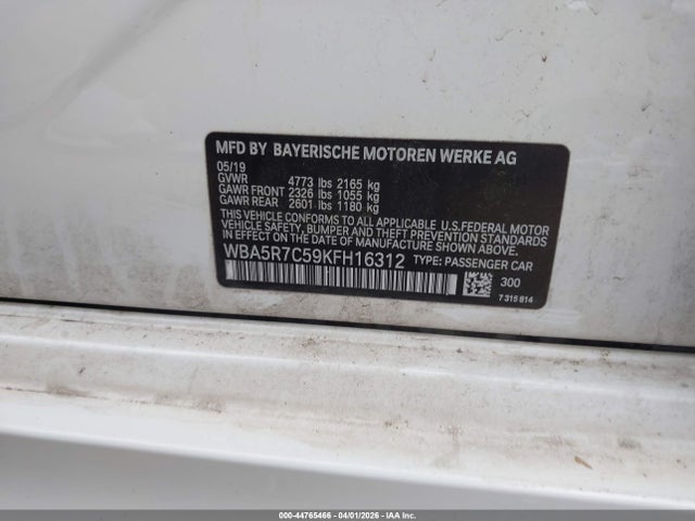 44765466 :رقم المزاد ، WBA5R7C59KFH16312 vin ، 2019 Bmw 330i Xdrive مزاد بيع