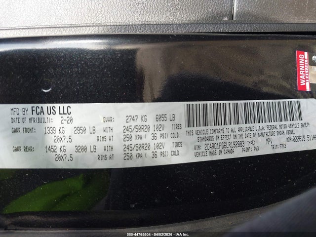 Продажа на аукционе авто 2020 Chrysler Pacifica Touring, vin: 2C4RC1FG6LR192883, номер лота: 44765504