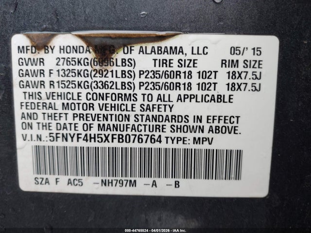 Продажа на аукционе авто 2015 Honda Pilot Ex-l, vin: 5FNYF4H5XFB076764, номер лота: 44765524