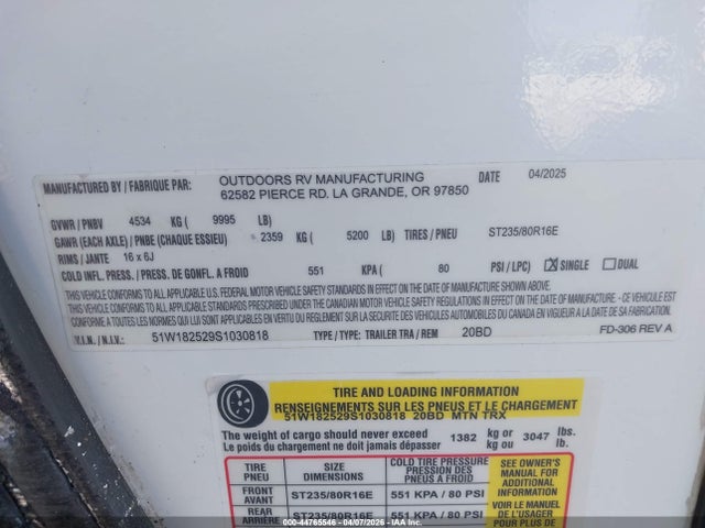 Outdoors Rv Trailer 2025 51W182529S1030818 Image 9