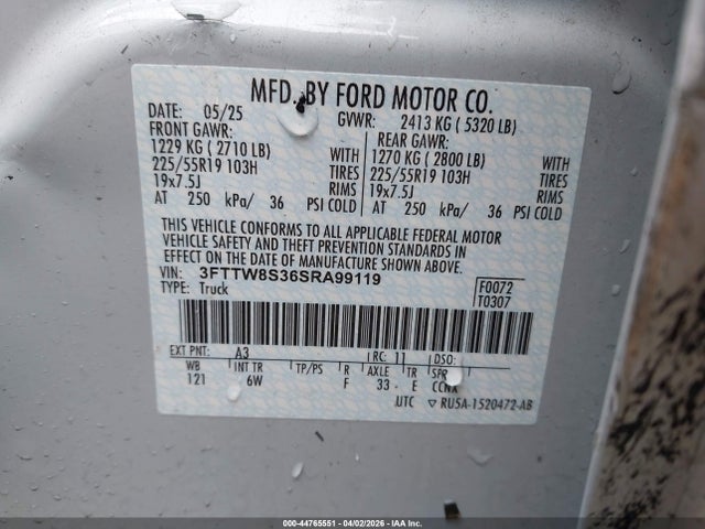 Aukcja sprzedaży 2025 Ford Maverick Lariat, vin: 3FTTW8S36SRA99119, numer aukcji: 44765551