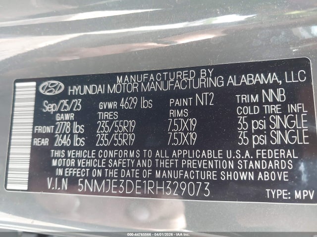 Aukcja sprzedaży 2024 Hyundai Tucson Limited, vin: 5NMJE3DE1RH329073, numer aukcji: 44765566