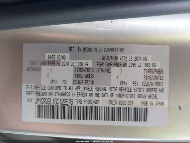 2006 Mazda Mazda5 Sport მანქანა იყიდება აუქციონზე, vin: JM1CR29L160122676, აუქციონის ნომერი: 44765567