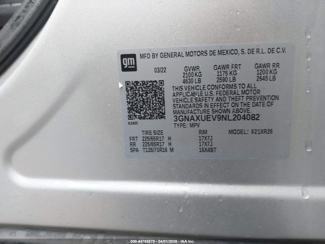 Продажа на аукционе авто 2022 Chevrolet Equinox Awd Lt, vin: 3GNAXUEV9NL204082, номер лота: 44765570