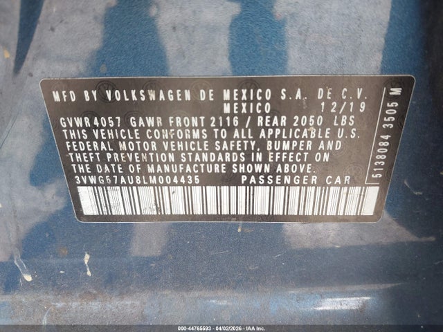 2020 Volkswagen Golf 1.4t Tsi მანქანა იყიდება აუქციონზე, vin: 3VWG57AU8LM004435, აუქციონის ნომერი: 44765593