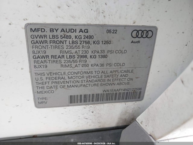 Продаж на аукціоні авто 2022 Audi Q5 Premium Plus 45 Tfsi S Line Quattro S Tronic, vin: WA1EAAFY4N2122596, номер лоту: 44765596
