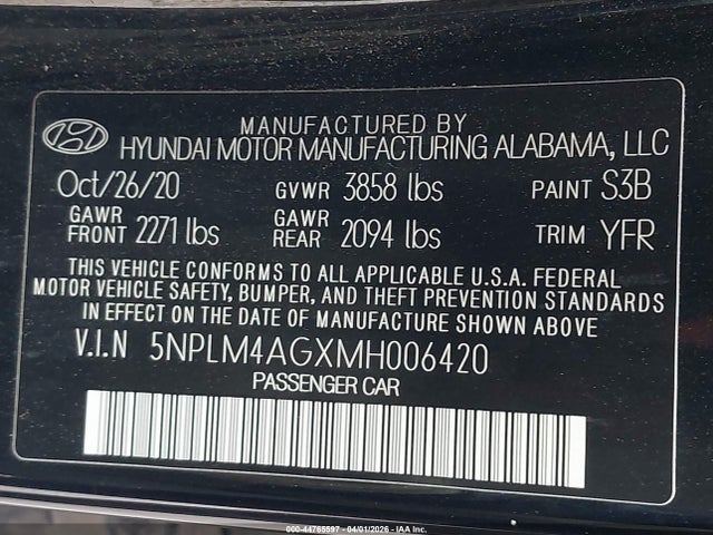 44765597 :رقم المزاد ، 5NPLM4AGXMH006420 vin ، 2021 Hyundai Elantra Sel مزاد بيع
