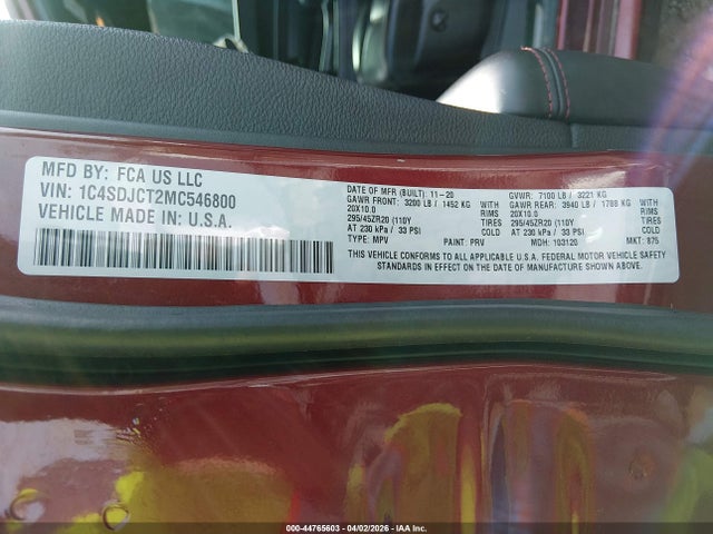 Aukcja sprzedaży 2021 Dodge Durango R/t Awd, vin: 1C4SDJCT2MC546800, numer aukcji: 44765603