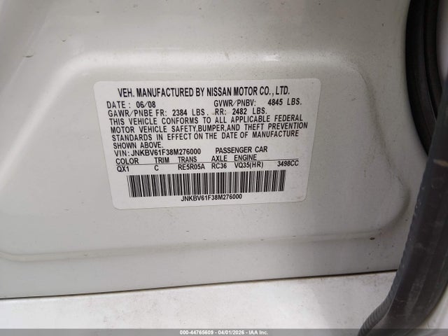 Aukcja sprzedaży 2008 Infiniti G35x, vin: JNKBV61F38M276000, numer aukcji: 44765609