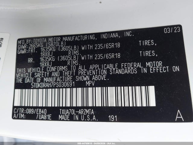 2023 Toyota Highlander Xle მანქანა იყიდება აუქციონზე, vin: 5TDKDRAH7PS030691, აუქციონის ნომერი: 44765618