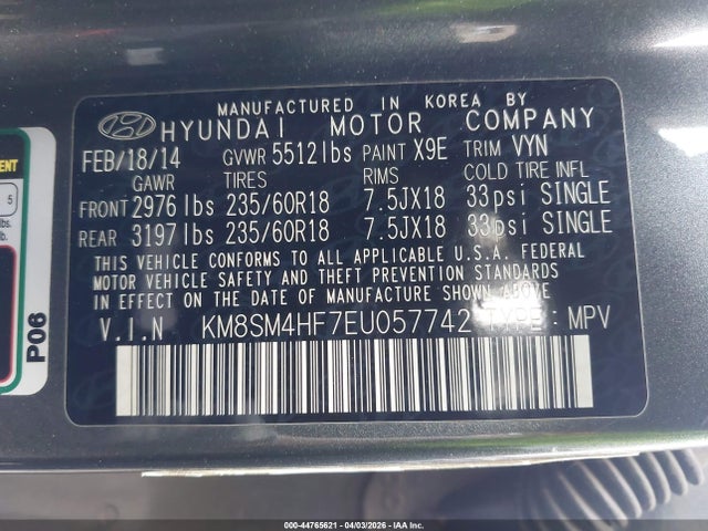 2014 Hyundai Santa Fe Gls მანქანა იყიდება აუქციონზე, vin: KM8SM4HF7EU057742, აუქციონის ნომერი: 44765621