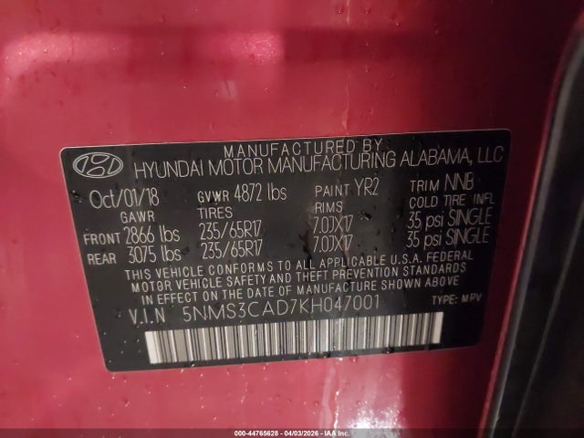 Aukcja sprzedaży 2019 Hyundai Santa Fe Sel, vin: 5NMS3CAD7KH047001, numer aukcji: 44765628