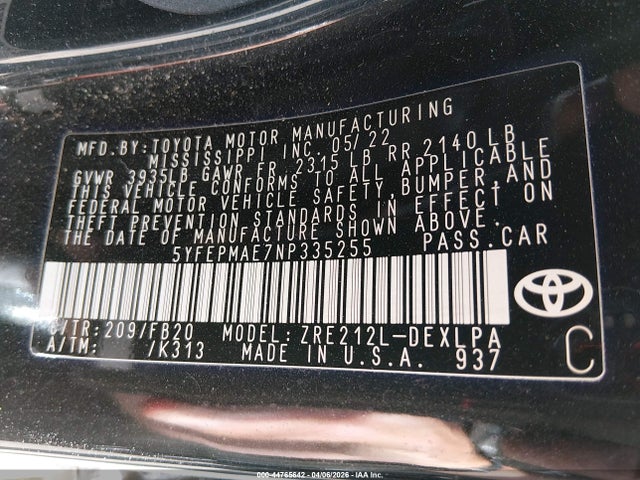 44765642 :رقم المزاد ، 5YFEPMAE7NP335255 vin ، 2022 Toyota Corolla Le مزاد بيع