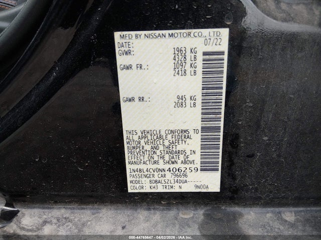 44765647 :رقم المزاد ، 1N4BL4CV0NN406259 vin ، 2022 Nissan Altima Sr Fwd مزاد بيع