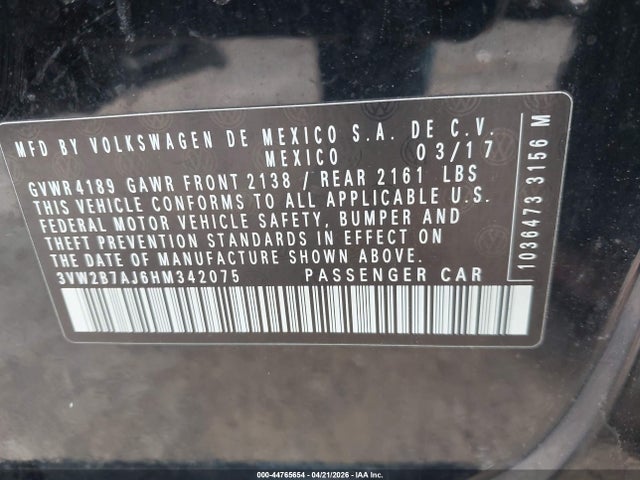 44765654 :رقم المزاد ، 3VW2B7AJ6HM342075 vin ، 2017 Volkswagen Jetta 1.4t S مزاد بيع
