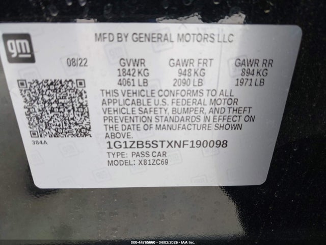 Продажа на аукционе авто 2022 Chevrolet Malibu Fwd Ls, vin: 1G1ZB5STXNF190098, номер лота: 44765660