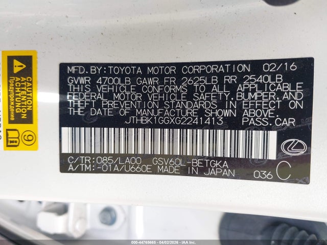 Продажа на аукционе авто 2016 Lexus Es 350, vin: JTHBK1GGXG2241413, номер лота: 44765665