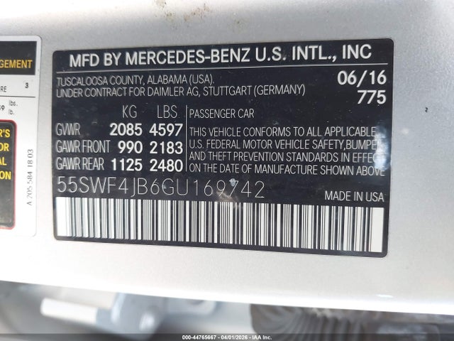 44765667 :رقم المزاد ، 55SWF4JB6GU169742 vin ، 2016 Mercedes-benz C 300 مزاد بيع