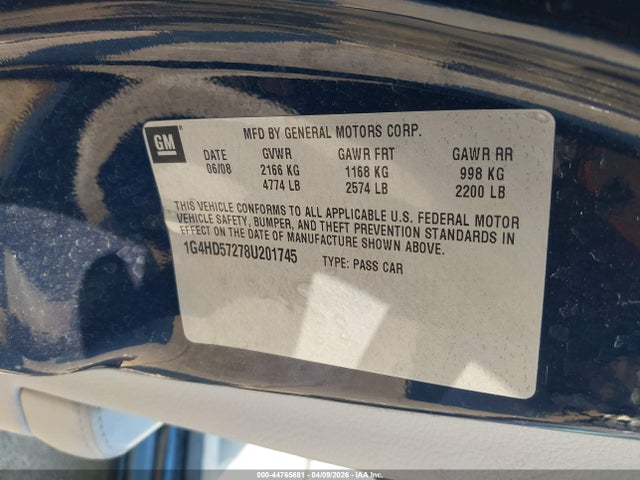 44765681 :رقم المزاد ، 1G4HD57278U201745 vin ، 2008 Buick Lucerne Cxl مزاد بيع