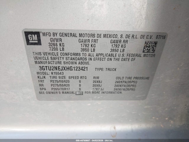 Продаж на аукціоні авто 2017 Gmc Sierra 1500 Slt, vin: 3GTU2NEJXHG123421, номер лоту: 44765687