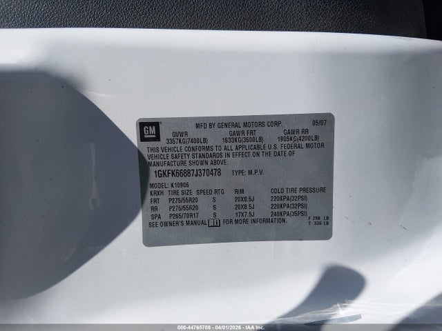 44765708 :رقم المزاد ، 1GKFK66887J370478 vin ، 2007 Gmc Yukon Xl 1500 Denali مزاد بيع