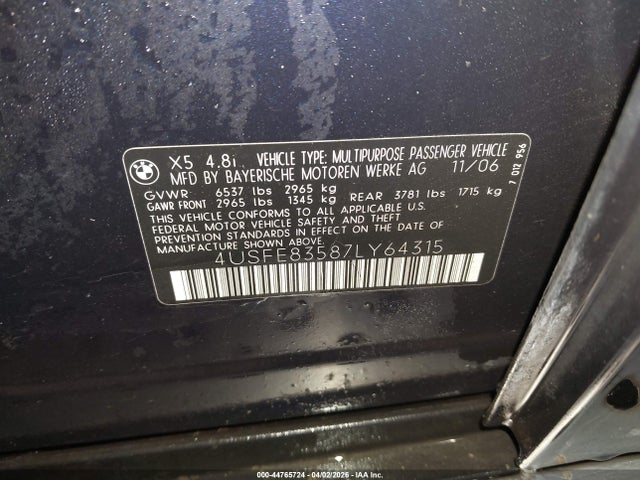 44765724 :رقم المزاد ، 4USFE83587LY64315 vin ، 2007 Bmw X5 4.8i مزاد بيع