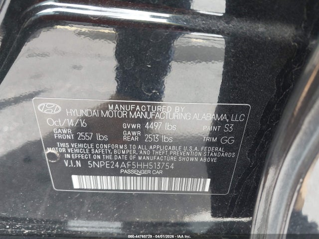 Aukcja sprzedaży 2017 Hyundai Sonata, vin: 5NPE24AF5HH513754, numer aukcji: 44765729