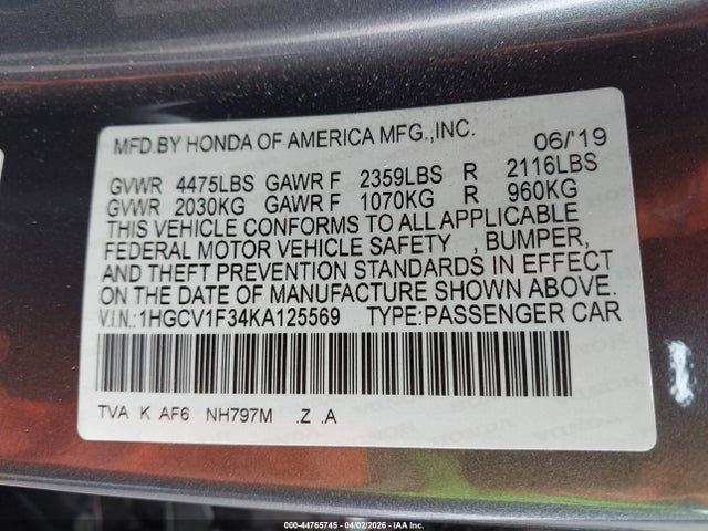 1HGCV1F34KA125569 Honda Accord Sport