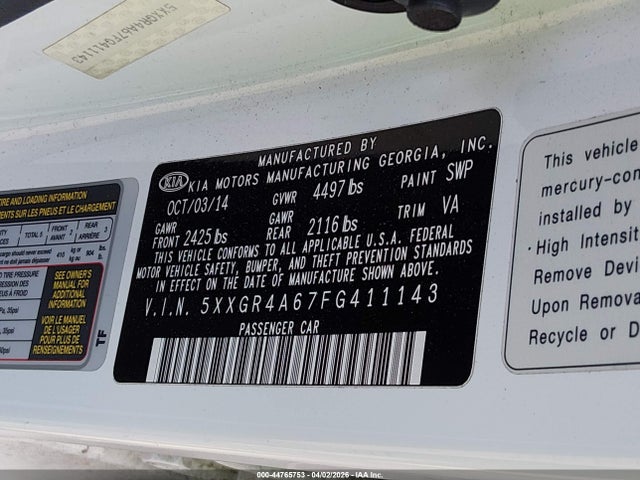 Продажа на аукционе авто 2015 Kia Optima Sxl Turbo, vin: 5XXGR4A67FG411143, номер лота: 44765753