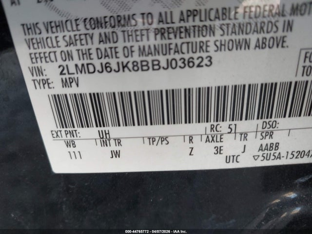 44765772 :رقم المزاد ، 2LMDJ6JK8BBJ03623 vin ، 2011 Lincoln Mkx مزاد بيع