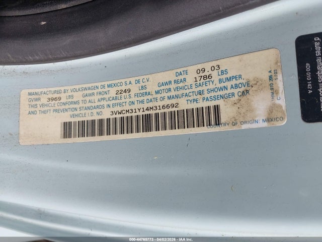 Продаж на аукціоні авто 2004 Volkswagen New Beetle Gls, vin: 3VWCM31Y14M316692, номер лоту: 44765773
